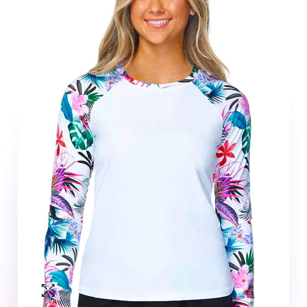 NWT Raisins Juniors' XSmall -Back Zip Tropical Printed-Sleeve Rash Guard Top